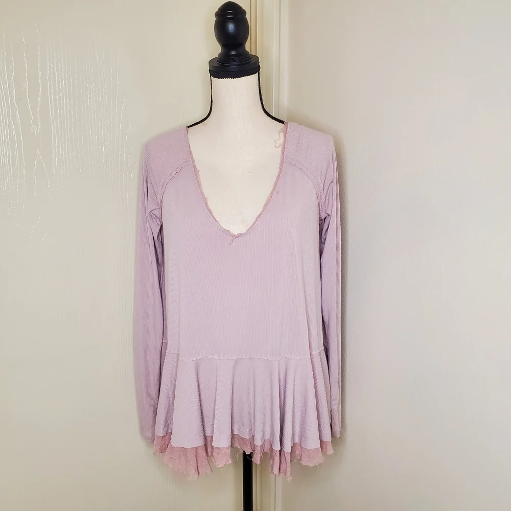 We The Free Free People Tangerine Long Sleeve Mauve Top Ribbed Tee Boho Size S - Picture 1 of 9